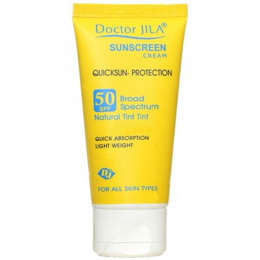 کرم ضد آفتاب SPF50 مدل کوییک سان پروتکشن رنگ طبیعی انواع پوست دکتر ژیلا 50 گرم