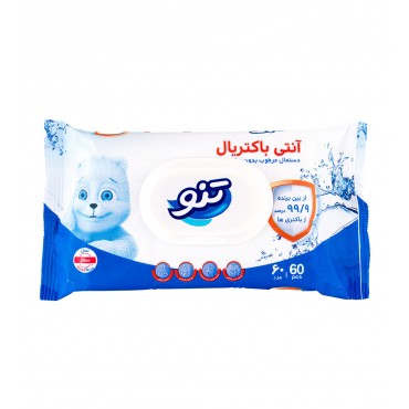 دستمال مرطوب بدون عطر آنتی باکتریال تنو بسته 60 عددی