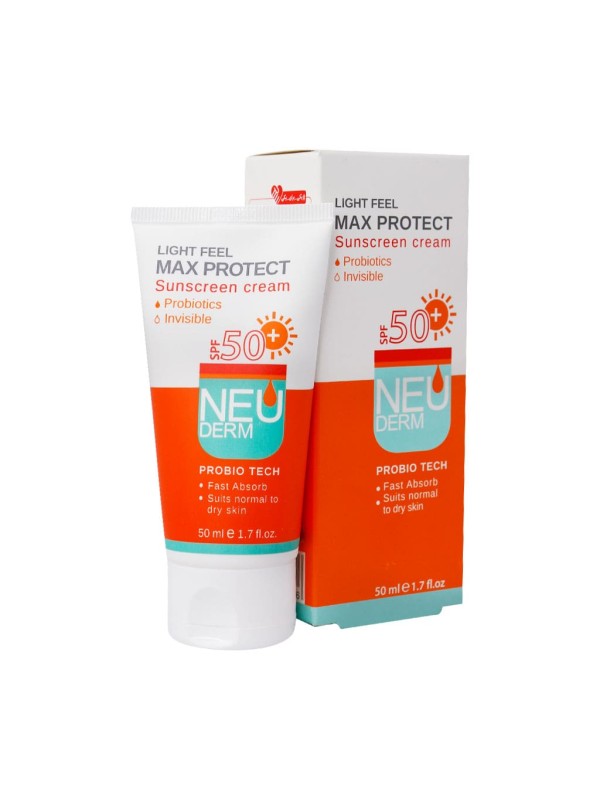 ضد آفتاب SPF50 مناسب پوست نرمال تا خشک بی رنگ سری Max Protect Probiotics نئودرم 50 میل