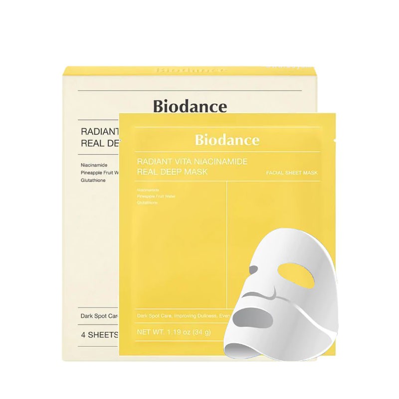 ماسک ورقه‌ای صورت روشن‌کننده و ضد لک مدل Radiant Vita Niacinamide بایودنس بسته 4 عددی