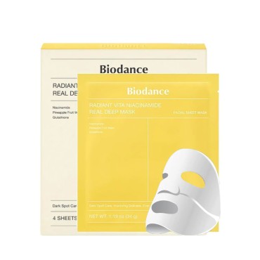 ماسک ورقه‌ای صورت روشن‌کننده و ضد لک مدل Radiant Vita Niacinamide بایودنس بسته 4 عددی