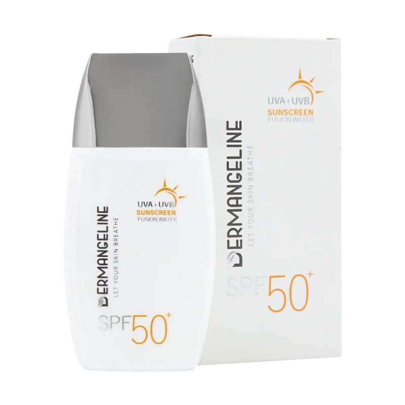 ضد آفتاب درم انجلین SPF50 فیوژن واتر بی رنگ مناسب انواع پوست حجم 50 میل