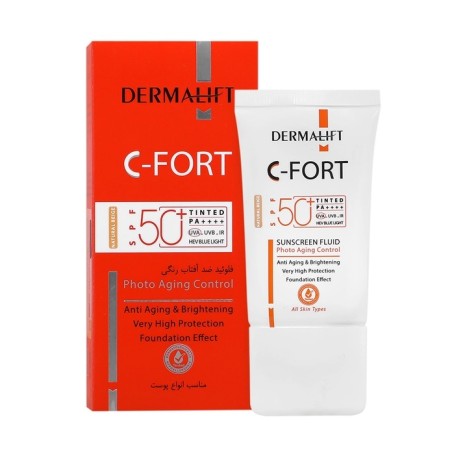 ضدآفتاب فلوئیدی درمالیفت SPF50 رنگ بژ طبیعی انواع پوست حاوی ویتامین C مدل C-Fort سی فوریت حجم 40 میل