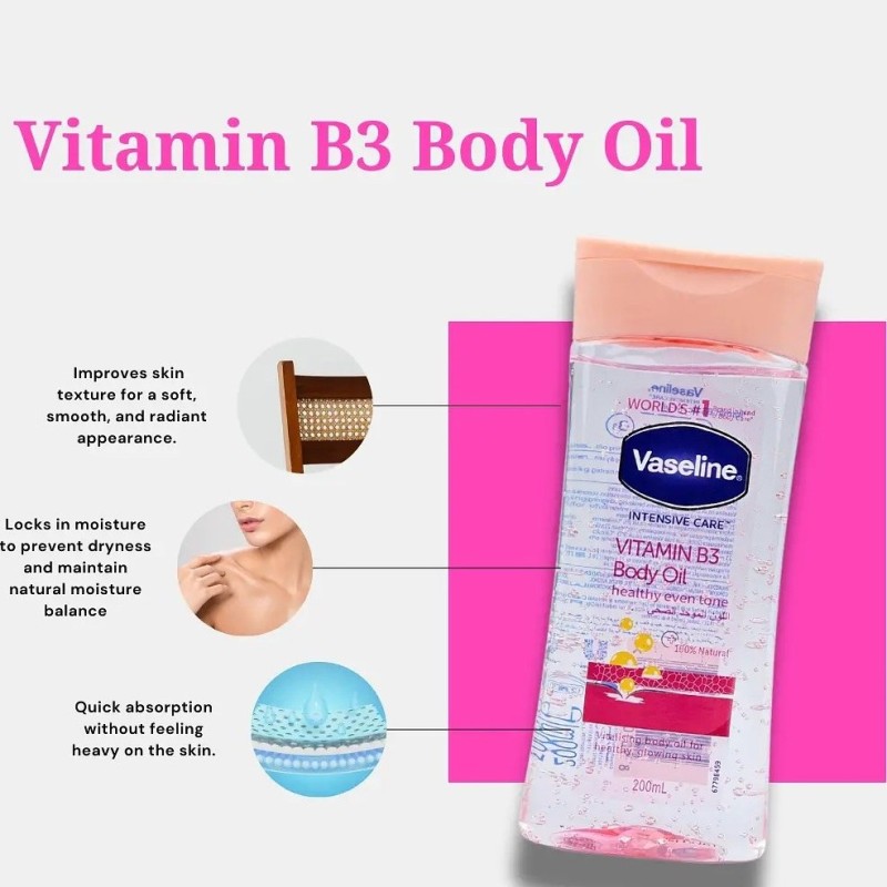 روغن بدن وازلین VASELINE مدل VITAMIN B3 (صورتی) حجم 200 میلی لیتر