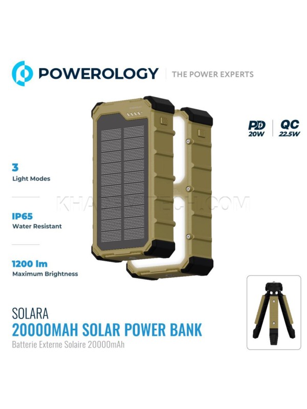 پاوربانک سولار پاورولوژی مدل POWEROLOGY PPBCHA99KH SOLARA 20000mAh PD 20W همراه با سه پایه