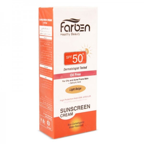کرم ضد آفتاب رنگی SPF50 فاقد چربی مناسب پوستهای چرب رنگ بژ روشن فاربن 50 میل