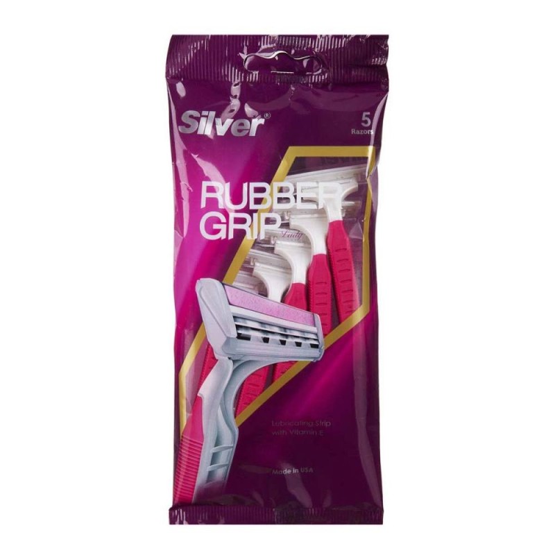 خودتراش چند بار مصرف 2 لبه مدل Rubber Grip صورتی سیلور بسته 5 عددی