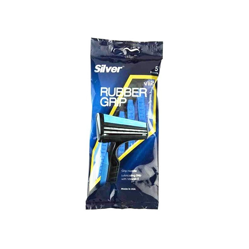 خودتراش چند بار مصرف 2 لبه مدل Rubber Grip آبی سیلور بسته 5 عددی