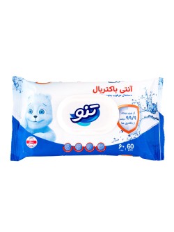 دستمال مرطوب بدون عطر آنتی باکتریال تنو بسته 60 عددی
