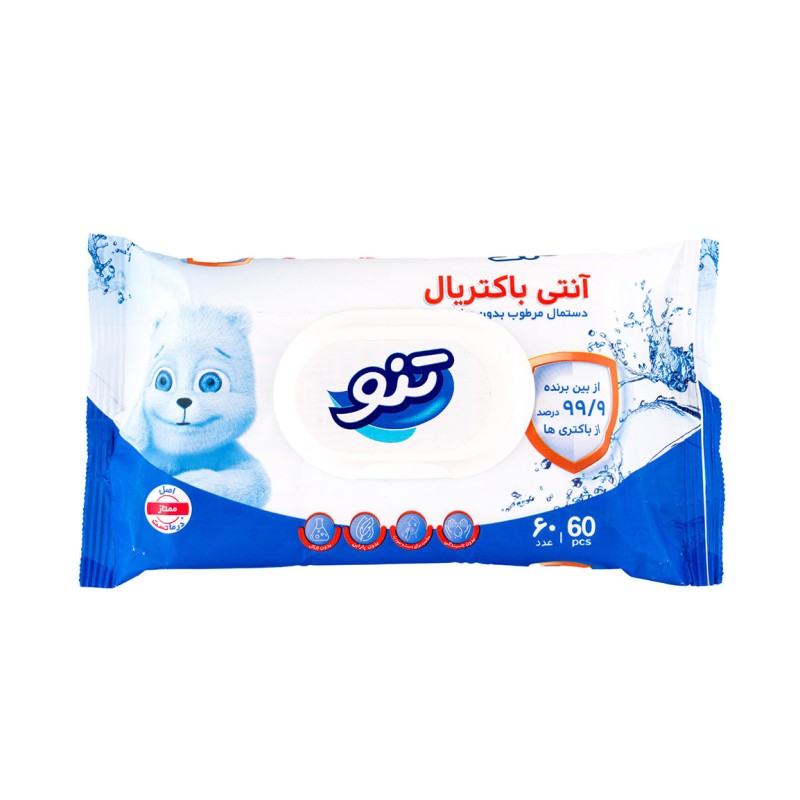 دستمال مرطوب بدون عطر آنتی باکتریال تنو بسته 60 عددی