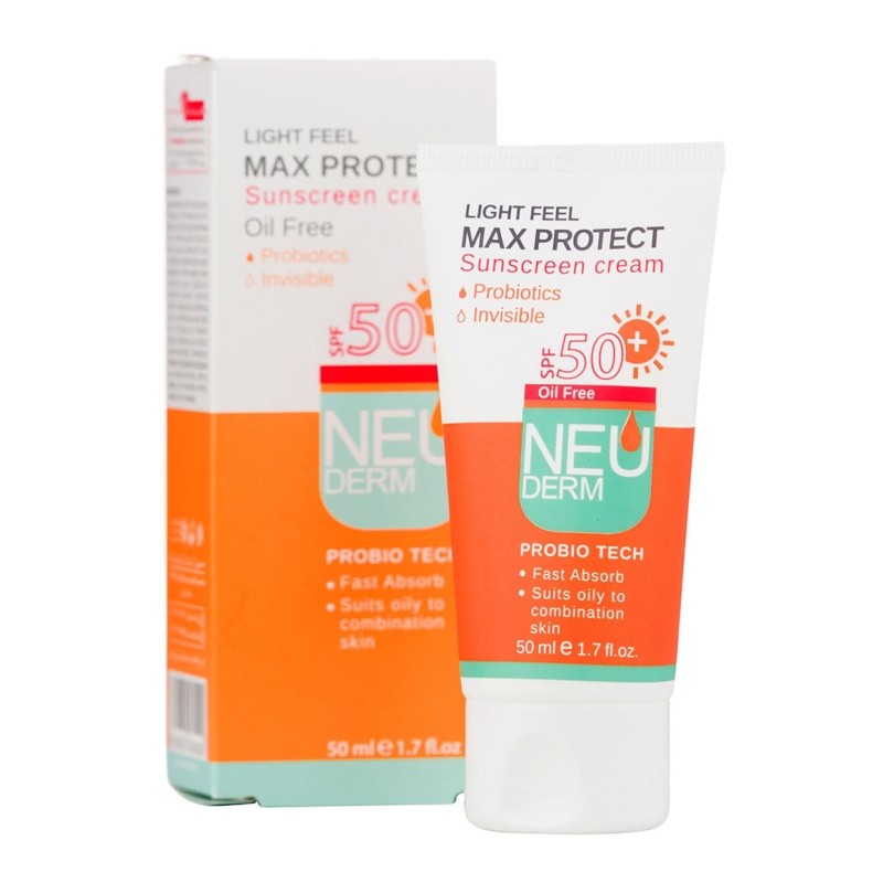 ضد آفتاب SPF50 مناسب پوست چرب تا مختلط فاقد چربی بی رنگ سری Max Protect Probiotics نئودرم 50 میل