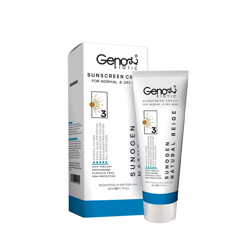 کرم ضد آفتاب SPF50 مدل پوست خشک و معمولی شماره 3 بژ طبیعی ژنو بایوتیک 50 میل
