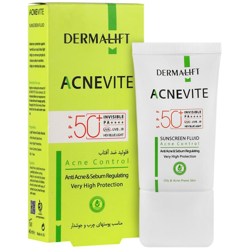 ضدآفتاب فلوئیدی درمالیفت SPF50 رنگ بژ روشن مناسب پوست های چرب و جوشدار مدل Acnevite حجم 40 میل