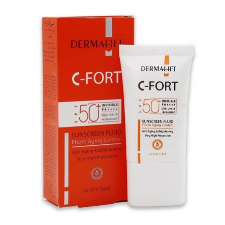 ضدآفتاب فلوئیدی درمالیفت SPF50 انواع پوست حاوی ویتامین C مدل C-Fort سی فوریت حجم 40 میل
