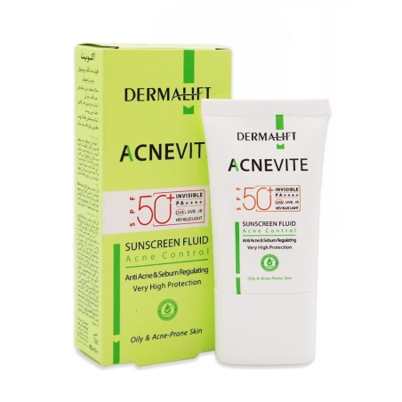 ضدآفتاب فلوئیدی درمالیفت SPF50 بی رنگ مناسب پوست های چرب و جوشدار مدل Acnevite حجم 40 میل