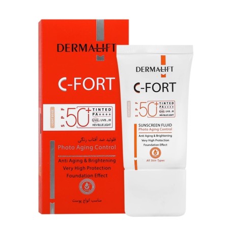 ضدآفتاب فلوئیدی درمالیفت SPF50 رنگ بژ روشن انواع پوست حاوی ویتامین C مدل C-Fort سی فوریت حجم 40 میل